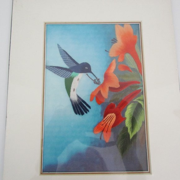 Embroidered Blue head Hummingbird eating Nectar from Orange Flowers Wall Art - Picture 2 of 5